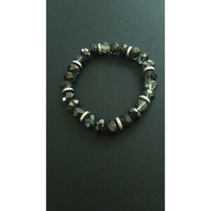 Black Faceted Crystal Stretch Bracelet Silver Tone Spacer Beads